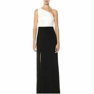 NEW Calvin Klein Maxi Dress Black w/ White Sequin Top One Shoulder w/ Slit